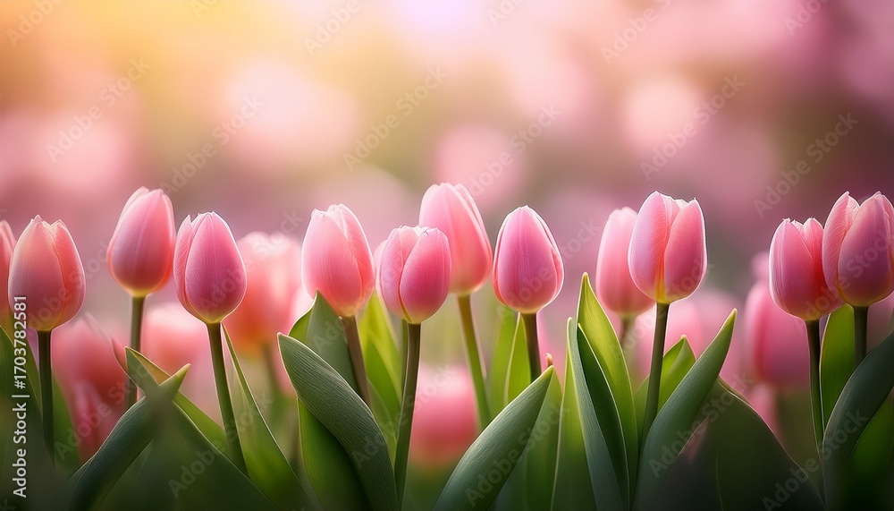Obraz premium Fresh Tulips With Pink Buds On A Blurred Background