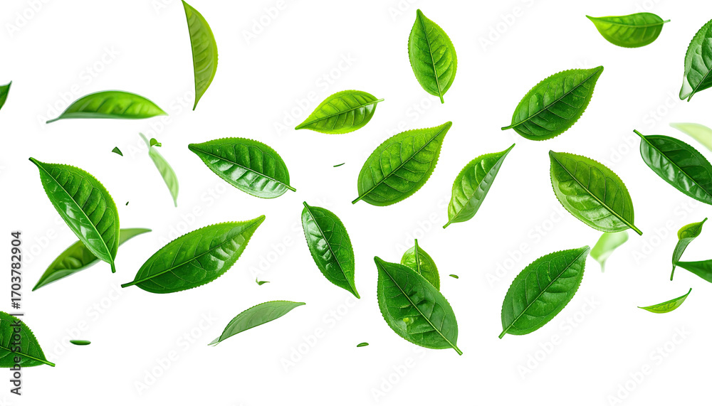 Naklejka premium Vibrant green tea leaves scattered against a black background