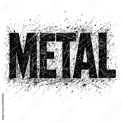 Distressed 'METAL' Text Logo: Bold Black Grungy Font Design with Splatter Effect on White Background, Perfect for Heavy Metal Music Artwork, Industrial Graphics, Rock Band Merchandise, or Edgy Brandin