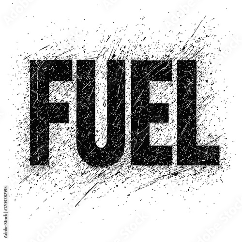 Dynamic 'FUEL' Word Art with Grunge Ink Splatter Effect and Bold Black Lettering on a Crisp White Background, Representing Power, Energy, and Raw Motivation – A Modern Typographic Design Element for I