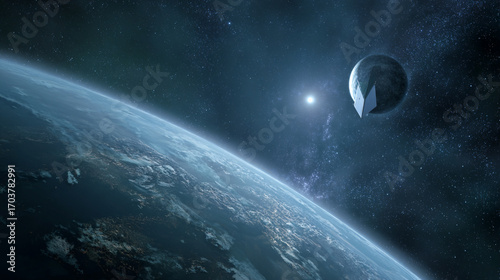Spaceship orbiting a planet and moon in deep space a star visible in the distance