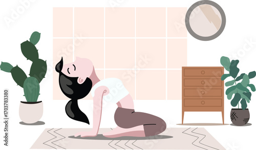 Young Woman Practicing Yoga Pose at Home Interior Illustration