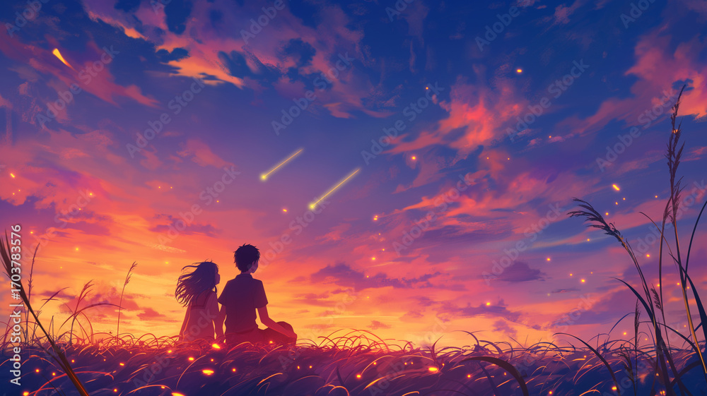 Obraz premium 鮮やかな夕焼けに染まる草原で座り込む少年と少女が静かに空を見つめるアニメ風イラスト、オレンジからピンクに溶ける空と薄明かりの星が漂うノスタルジックでロマンチックな雰囲気