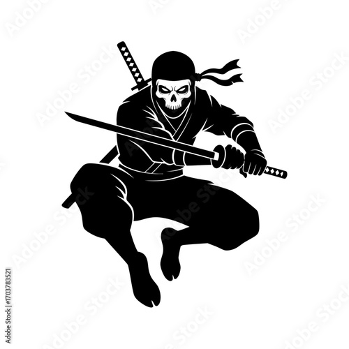 Dynamic Skull Assassin Silhouette with Katana Sword Vector
