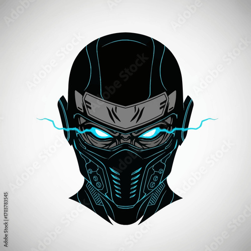Futuristic cyborg assassin head with glowing electric eyes