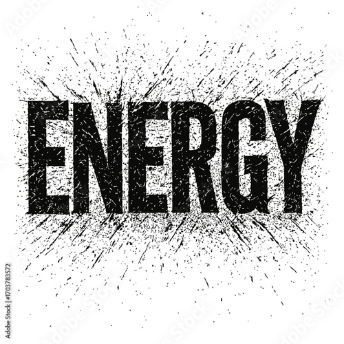 Dynamic 'ENERGY' typography, bold distressed black text, explosive ink splatters on white. Powerful grunge graphic, raw force, motivation, vitality, edgy aesthetic. Ideal for branding, digital art, ex
