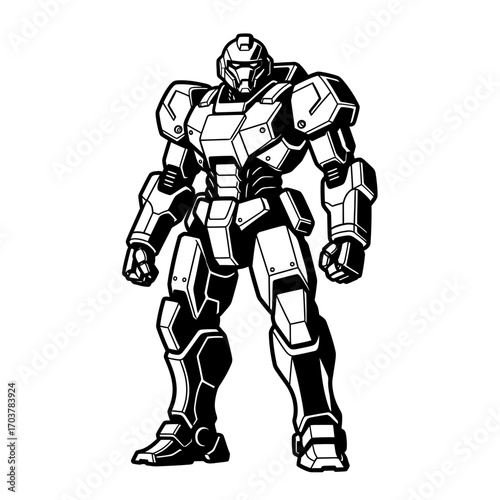 Futuristic mecha warrior in a powerful battlesuit, black and white vector illustration