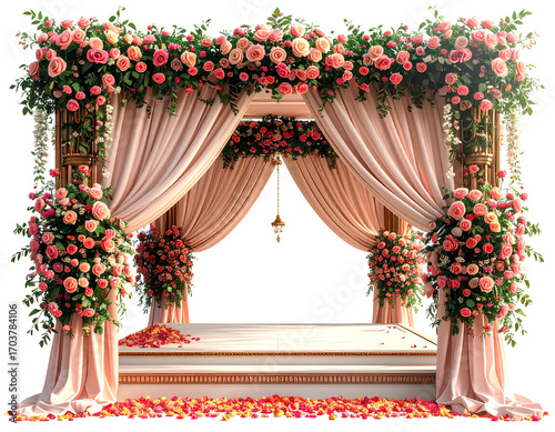 A beautiful Indian wedding mandap decorated with roses and flowers, set against isolated on a transparent background.