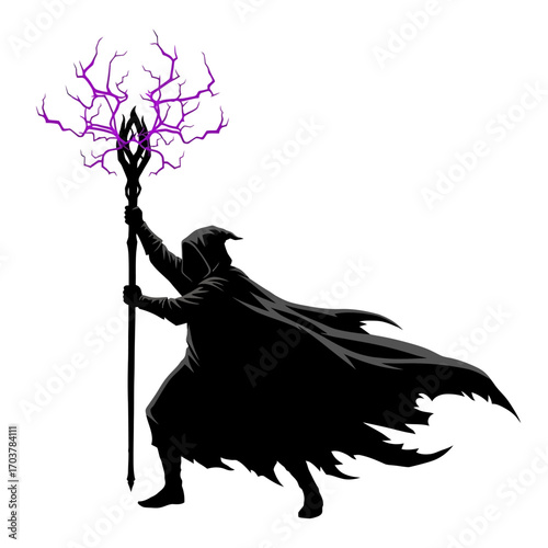 Silhouette of a sorcerer in a tattered cloak holding a staff with crackling purple lightning