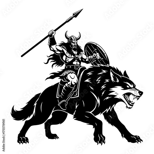 Fierce Viking warrior with a spear and shield riding a giant wolf, a black and white vector mascot illustration