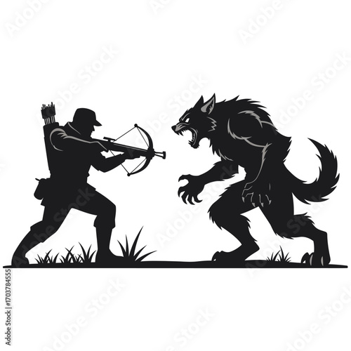 Vector silhouette of a hunter with a crossbow in a tense standoff with a fierce werewolf