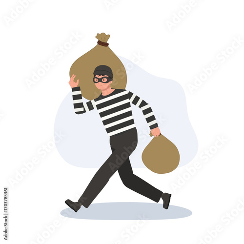 burglar masked man cartoon with striped shirt holding money bags crime and theft concept