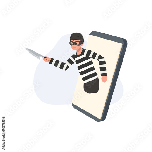 cyber security fraud illustration of scammer thief with striped shirt and mask holding knife through smartphone screen