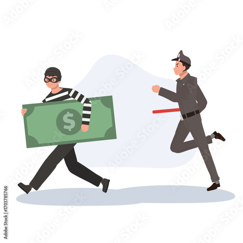 robber thief running with stolen money chased by police officer