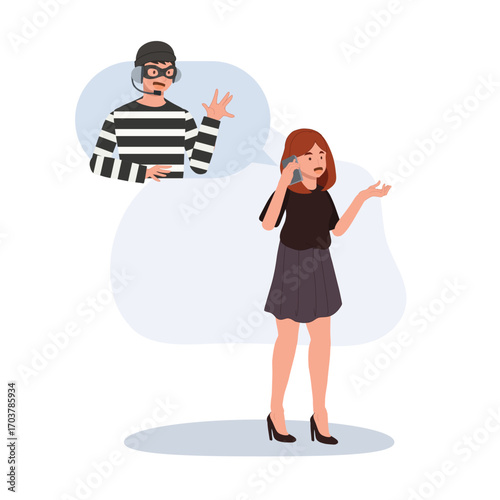scam online fraud phone call illustration of woman talking to criminal .for cyber security awareness