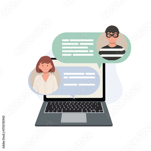 online fraud hacker chat with woman illustration on laptop representing cybercrime scam alert and data protection awareness