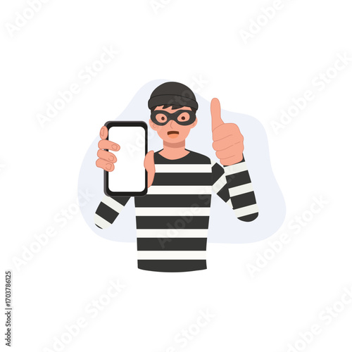 thief character wearing striped shirt and mask holding smartphone with thumbs up shows crime and fraud concept useful for burglary robbery or cyber crime