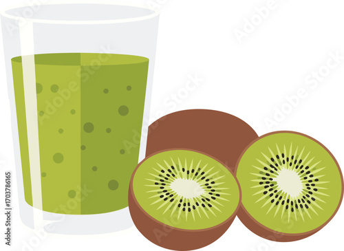 Fresh Kiwi Juice with Sliced Fruit, Minimalist Green Glass, and Healthy Tropical Drink Art for Summer Refreshment, Nutrition Beverage, and Modern Food Branding Design
