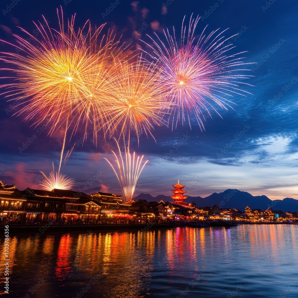 Fototapeta premium Festive Fireworks Display Over Traditional Chinese Architecture at Night