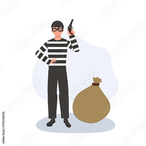 burglar thief in striped shirt cartoon character with mask gun and cash bag.