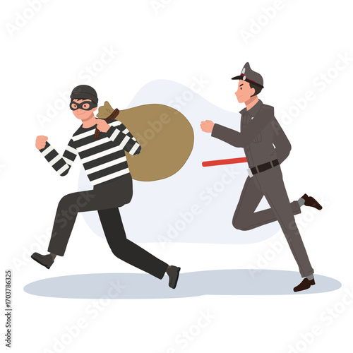 police officer chases thief running with stolen money bag