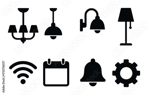 Silhouette icons of lighting fixtures and tech symbols on dark background