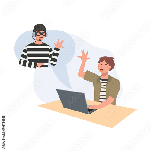 a scammer communicates with a laptop user shows the risk of cybercrime and need for online protection