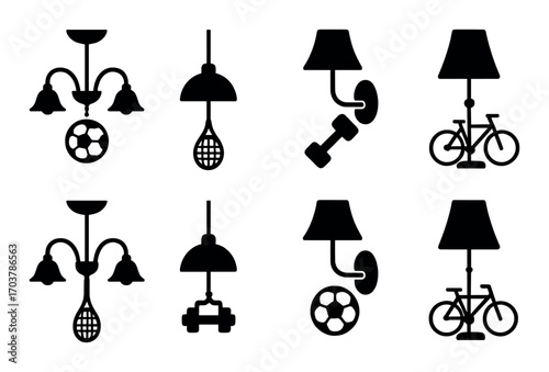 Silhouette icons of lamps with sports and hobby themes in black on olive background