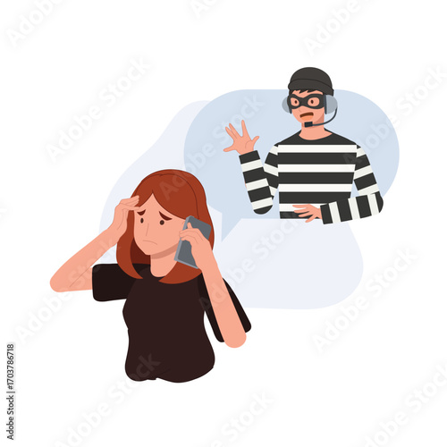 worried woman receiving fraudulent call from scammer in striped shirt concept of telephone fraud and cyber crime