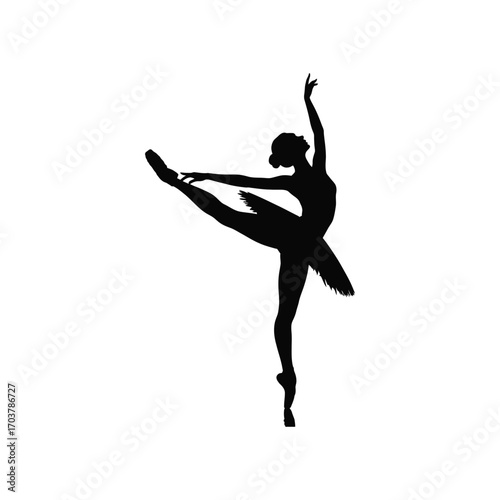 Elegant Ballerina Silhouette Illustration Performing Arabesque Dance Position on White Background