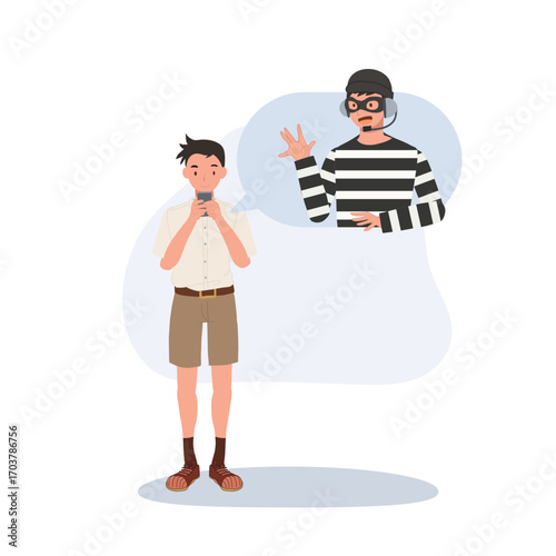 student using mobile phone with scammer thief. online scam fraud cybercrime