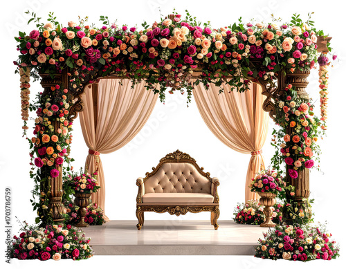 A beautiful Indian wedding mandap decorated with roses and flowers, set against isolated on a transparent background.