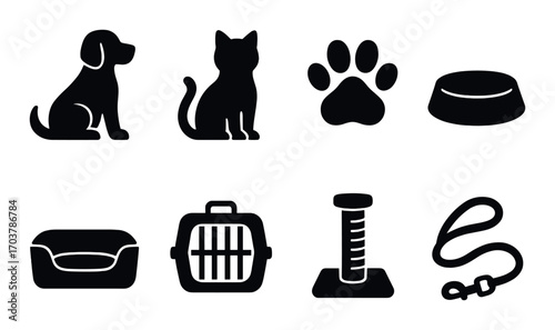 Pet icons collection: dog, cat, paw, bowl, bed, carrier, scratching post, leash