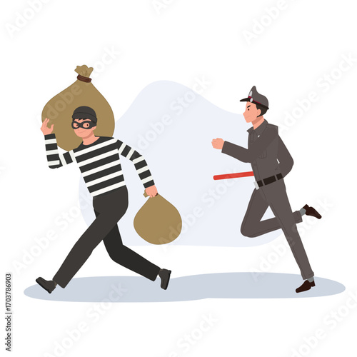 thief in striped shirt and mask escaping with money bags chased by a policeman in uniform.