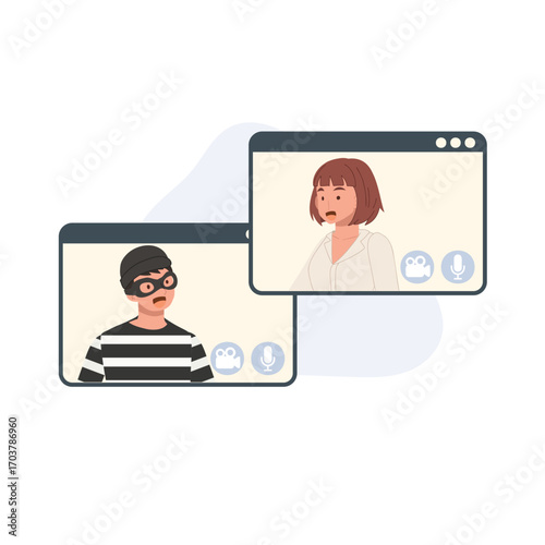 a video call between a scammer in disguise and a woman, representing online crime and digital safety issues.