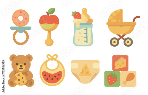 Colorful baby items with pacifier, rattle, bottle, stroller, and toys