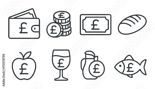 Icon set featuring british currency and food items: wallet, coins, and bread