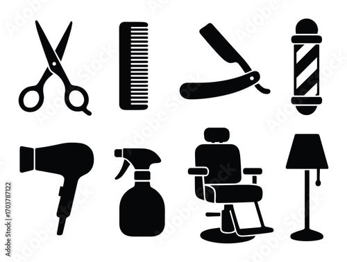 Barber shop icons: scissors, comb, razor, pole, dryer, spray, chair, lamp silhouettes