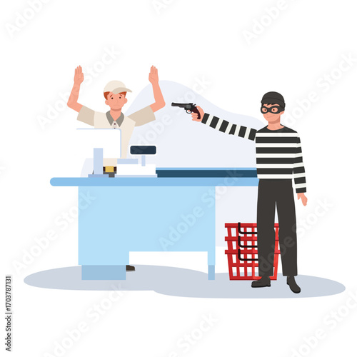 a criminal with a handgun robbing a shop cashier at the register highlighting danger crime and fear in retail