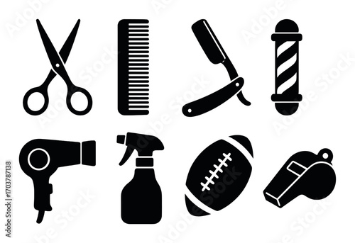 Barber tools and sports equipment icons on textured background