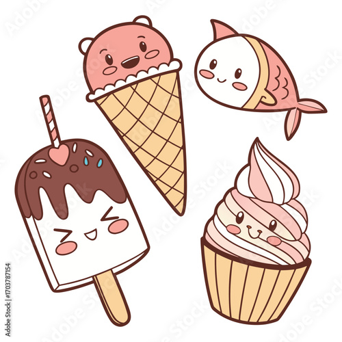 A delicious set of colorful ice cream desserts in cones with various fruit and chocolate flavors