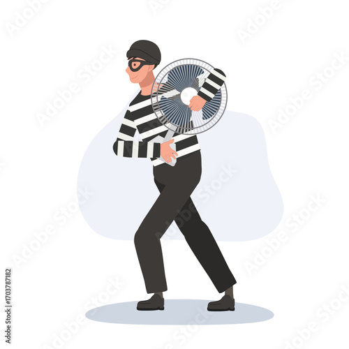 thief burglar character in striped clothes running with stolen household fan