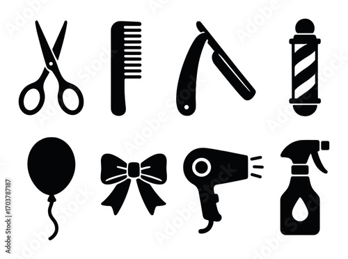 Barber shop tools: scissors, comb, razor, pole, hairdryer, spray, bow, balloon icons