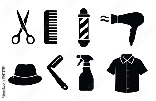 Barber shop symbol set with scissors, comb, razor, hairdryer, spray bottle, shirt, and hat
