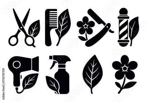 Silhouette icons of hairdressing tools with leaf and flower designs