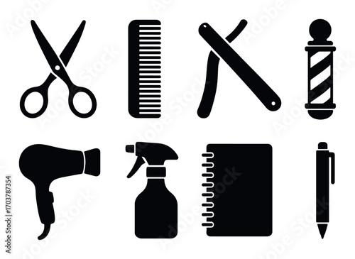 Essential barber tools icons: scissors, comb, razor, pole, hairdryer, spray bottle