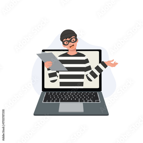 cyber criminal holding stolen data symbolizing hacking cyber attack online scam and internet fraud threatening users