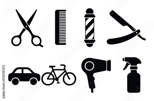 Barber shop icons: scissors, razor, comb, hairdryer, spray bottle, bicycle, car, pole