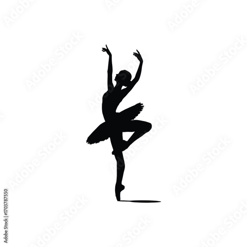 Ballerina Silhouette Illustration Performing on Pointe with Tutu on White Background Isolated