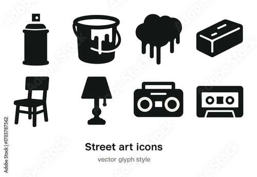 Street art icons: spray can, paint bucket, drip, brick, chair, lamp, boombox, cassette
